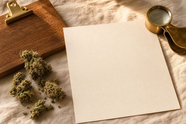 A blank certificate sheet and clipboard beside hemp buds and a brass loupe on cream linen