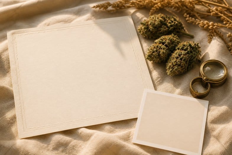 A blank certificate sheet beside hemp buds, a photo print and a brass loupe on cream linen