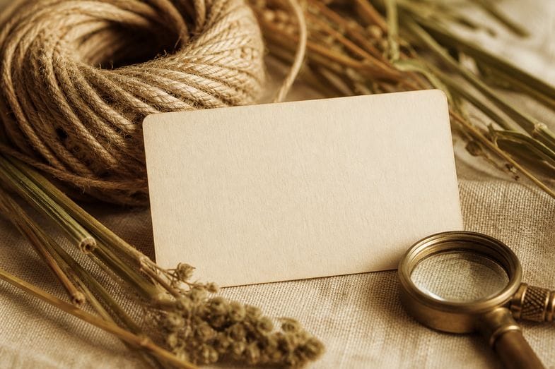 Blank archive card beside hemp rope, dried hemp stalks and a brass loupe on cream linen