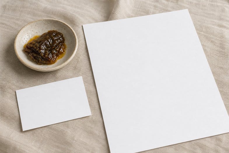 A small dish of thick amber hemp extract beside a blank certificate sheet and a blank batch card on cream linen