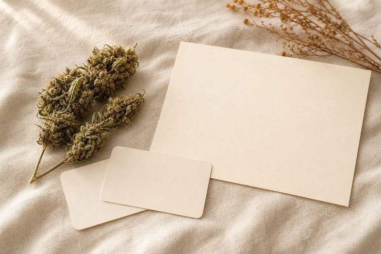 Hemp flower buds beside a blank certificate sheet and blank index cards on cream linen