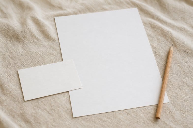 A blank product card beside a blank certificate sheet and a pencil on cream linen