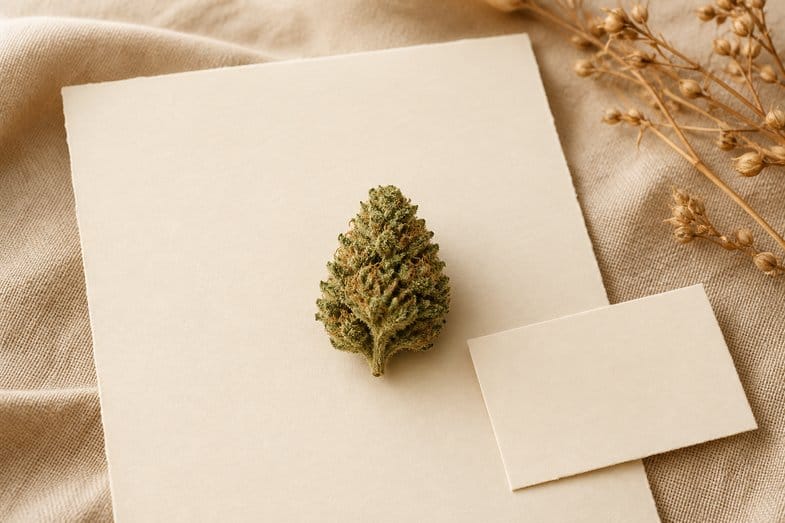hemp-product-page-checklist-documents A hemp flower bud beside a blank certificate sheet and a blank checklist card on cream linen