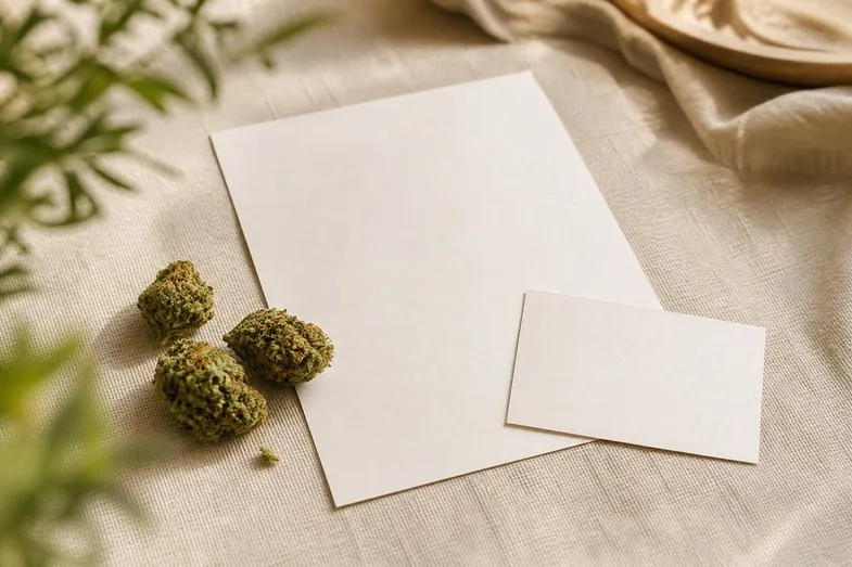 Hemp flower buds beside a blank certificate sheet and a blank product page card on cream linen