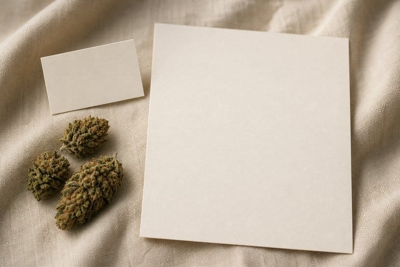 Hemp flower buds beside a blank certificate sheet and a blank glossary card on cream linen