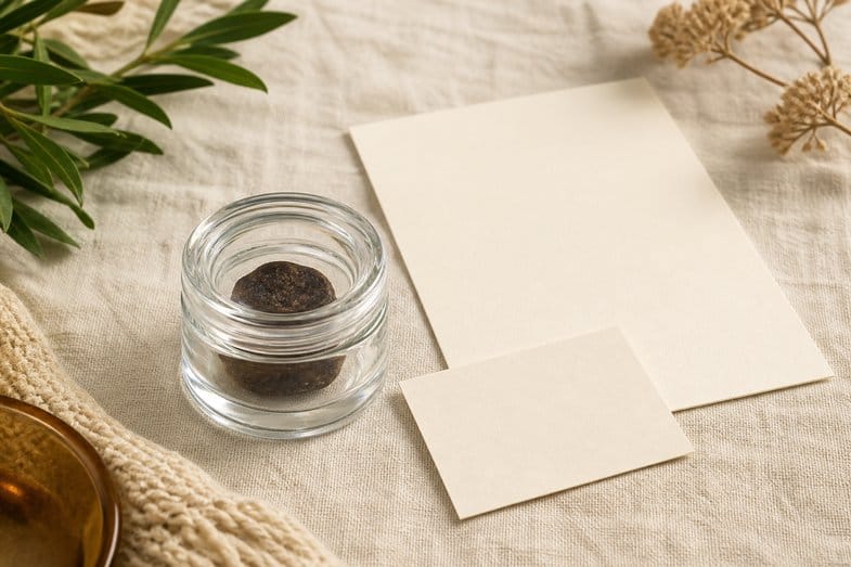 how-to-preserve-hashish-documents A brown piece of CBD hash in a closed glass jar beside a blank certificate sheet and a blank batch card on cream linen