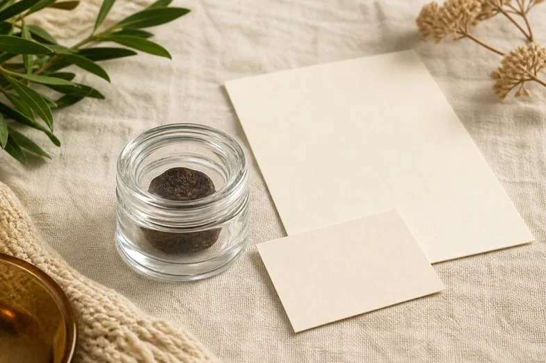 A brown piece of CBD hash in a closed glass jar beside a blank certificate sheet and a blank batch card on cream linen