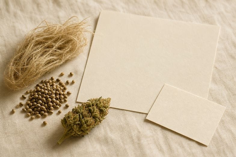 Hemp fibre, seed and a flower bud beside a blank certificate sheet and a blank batch card on cream linen