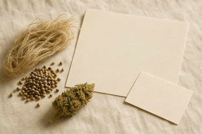 Hemp fibre, seed and a flower bud beside a blank certificate sheet and a blank batch card on cream linen