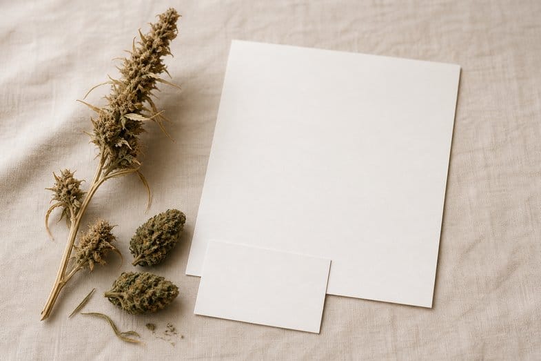 industrial-hemp-terminology-documents A dried hemp stalk and hemp flower buds beside a blank certificate sheet and a blank index card on cream linen