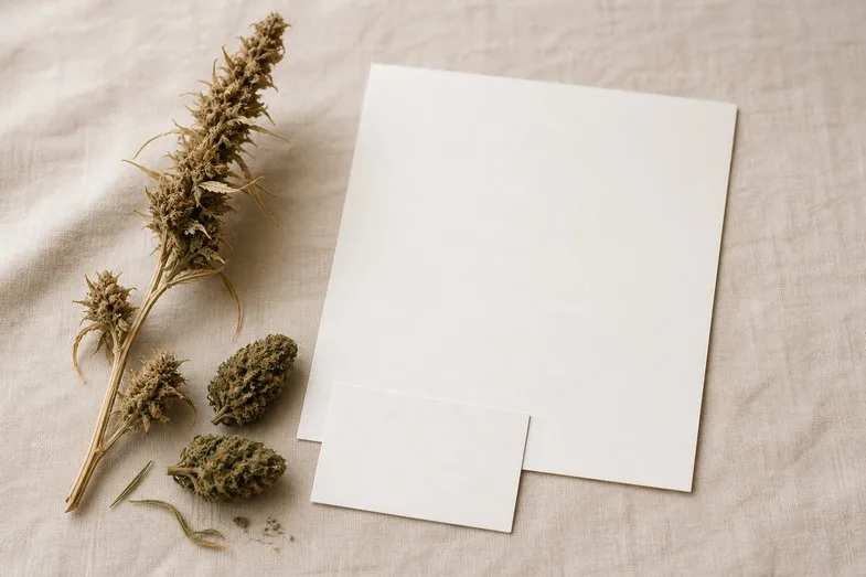 A dried hemp stalk and hemp flower buds beside a blank certificate sheet and a blank index card on cream linen