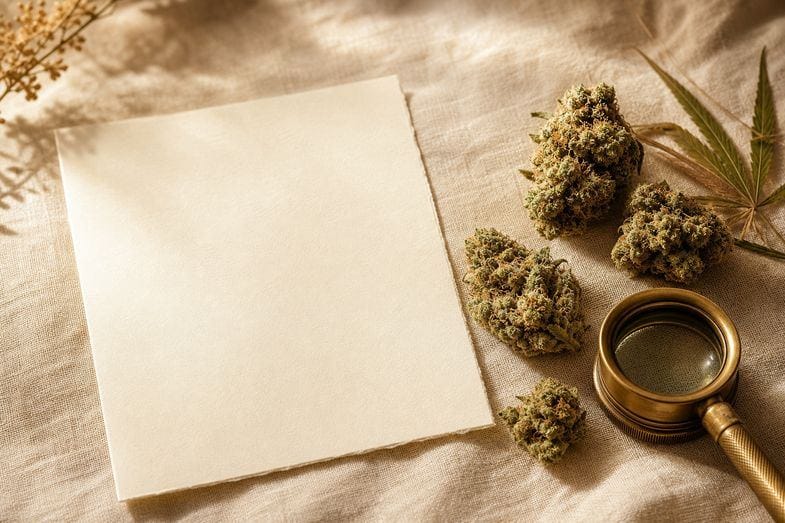 Several hemp flower buds beside a blank certificate sheet and a brass loupe on cream linen