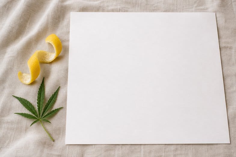 limonene-terpene-guide-documents A curl of lemon peel and a hemp sprig beside a blank certificate sheet on cream linen