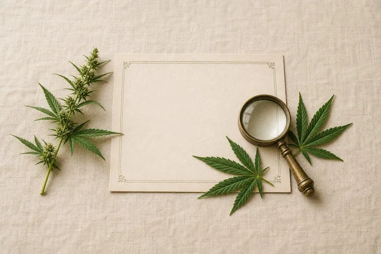 male-and-female-hemp-plants-documents Blank botanical reference sheet beside a hemp sprig and brass loupe on cream linen