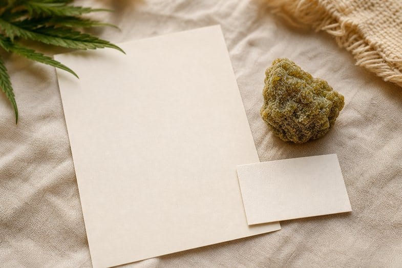 moonrock-weed-history-documents A craggy dusted piece of CBD moonrock extract beside a blank certificate sheet and a blank batch card on cream linen