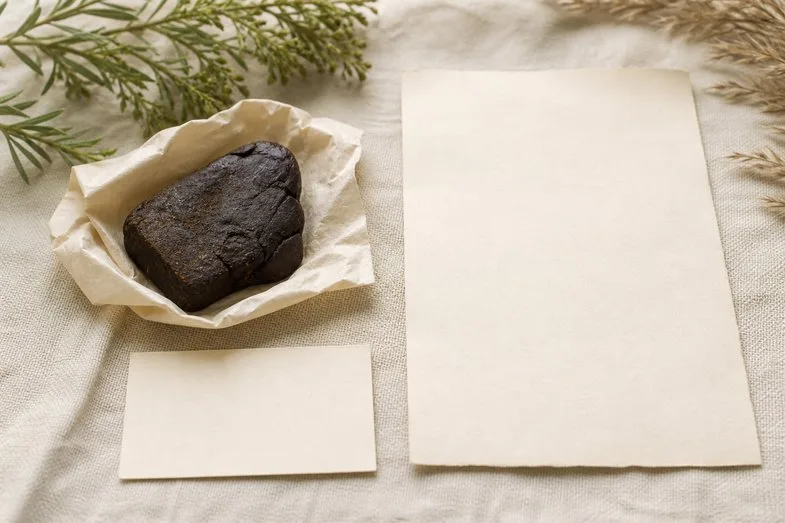 old-cannabis-and-old-hash-documents A wrapped piece of CBD hash beside a blank certificate sheet and a blank batch card on cream linen