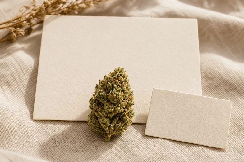 regulation-sale-cbd-austria-documents A hemp flower bud beside a blank certificate sheet and a blank stamped card on cream linen