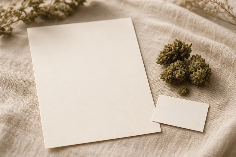 Hemp flower buds beside a blank certificate sheet and a blank glossary card on cream linen