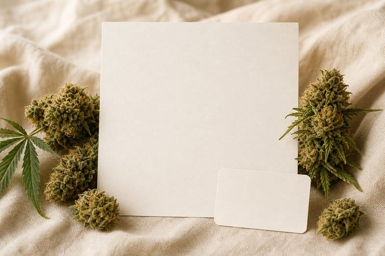 Hemp flower buds beside a blank certificate sheet and a blank product label on cream linen
