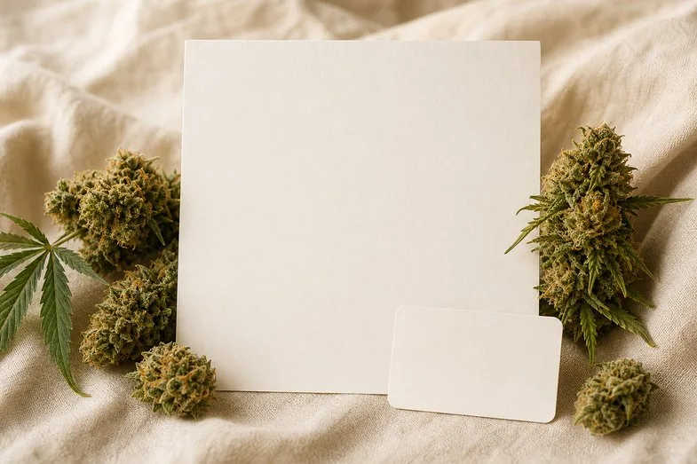 Hemp flower buds beside a blank certificate sheet and a blank product label on cream linen