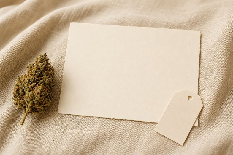 A single hemp flower bud beside a blank certificate sheet and a blank paper tag on cream linen