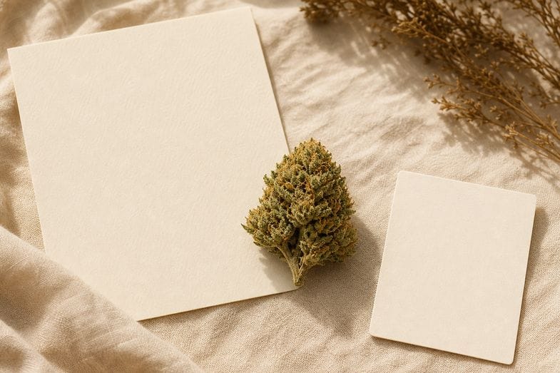 A hemp flower bud beside a blank certificate sheet and a blank botanical card on cream linen
