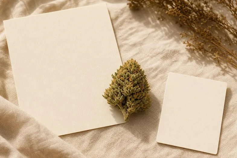 the-different-cannabaceous-plants-documents A hemp flower bud beside a blank certificate sheet and a blank botanical card on cream linen