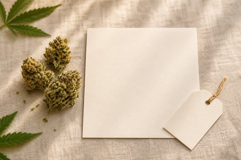 Hemp flower buds beside a blank certificate sheet and a blank label on cream linen