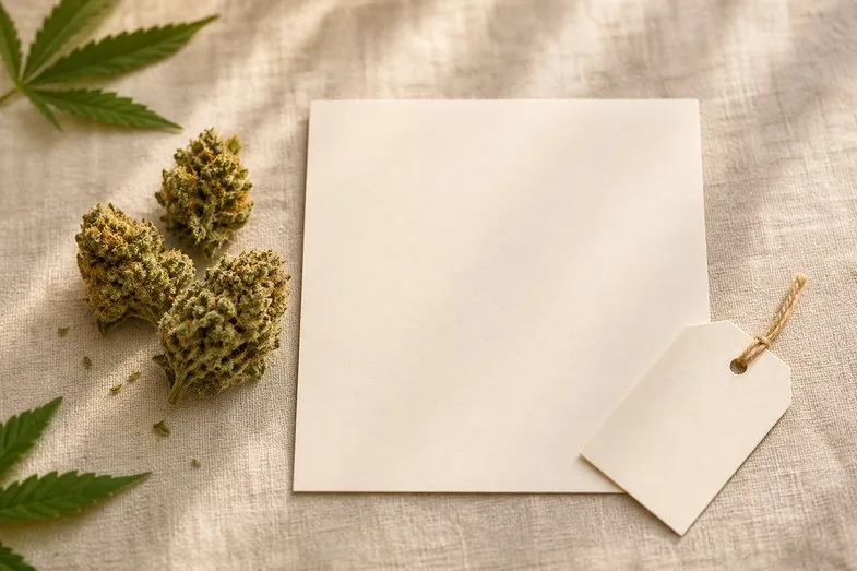 Hemp flower buds beside a blank certificate sheet and a blank label on cream linen