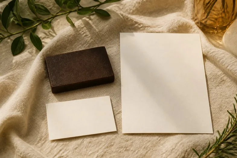 A flat pressed slab of CBD hash beside a blank certificate sheet and a blank batch card on cream linen