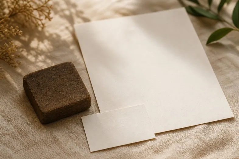 what-cbd-hashish-looks-like-documents A pressed block of CBD hash beside a blank certificate sheet and a blank batch card on cream linen