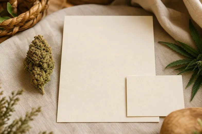 A hemp flower bud beside a blank certificate sheet and a blank glossary card on cream linen