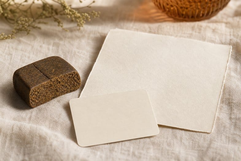 A pressed resin block beside a blank certificate sheet and a blank glossary card on cream linen