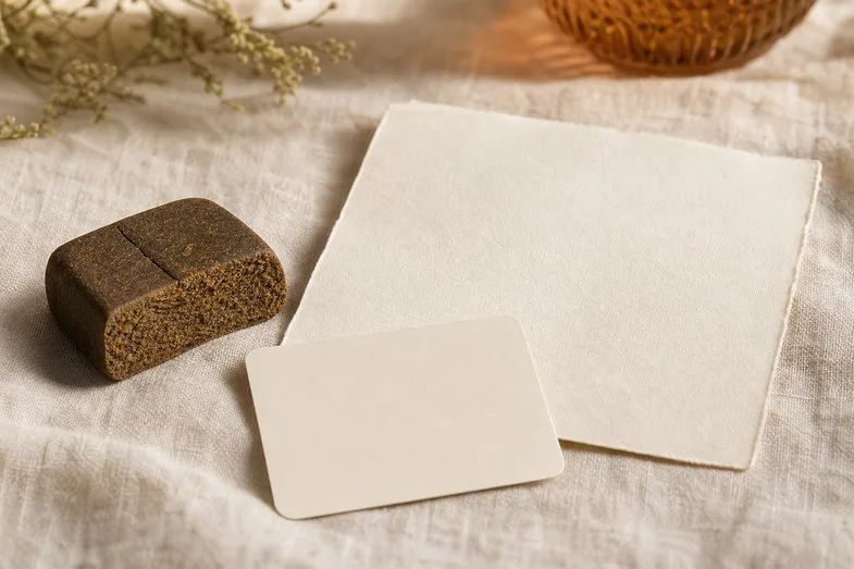 A pressed resin block beside a blank certificate sheet and a blank glossary card on cream linen