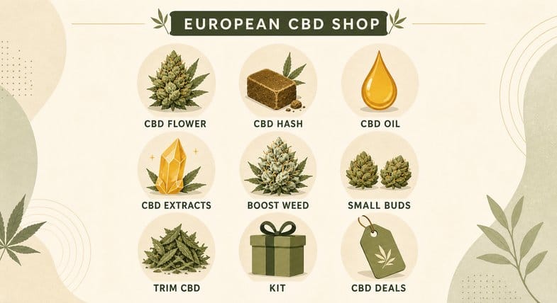 Flat vector grid of the nine Justbob CBD categories: CBD Flower, CBD Hash, CBD Oil, CBD Extracts, Boost Weed, Small Buds, Trim CBD, Kit and CBD Deals, under a European CBD Shop header