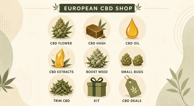 Flat vector grid of the nine Justbob CBD categories: CBD Flower, CBD Hash, CBD Oil, CBD Extracts, Boost Weed, Small Buds, Trim CBD, Kit and CBD Deals, under a European CBD Shop header