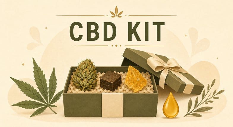 Flat vector illustration of an open CBD kit gift box with a hemp flower bud, a hash block, a crystal extract and an oil droplet, labelled CBD KIT