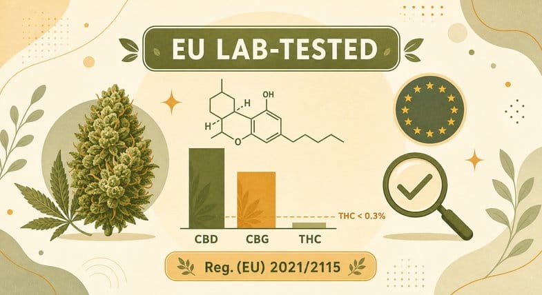 Flat vector lab-analysis schema for Justbob CBD kits: hemp bud, cannabinoid molecule, CBD-CBG-THC bar chart with a THC under 0.3% line and an EU badge