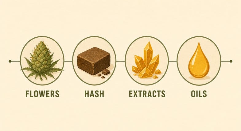 Flat vector diagram of the four CBD product families in Justbob kits: flowers, hash, extracts and oils, each with an icon and label