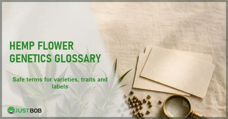 hemp-flower-genetics-glossary Justbob Hemp Flower Genetics Glossary banner with green title, blank specimen cards, a few hemp seeds and a brass loupe on cream linen