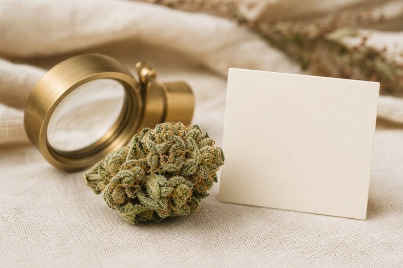 A resinous hemp flower bud beside a brass loupe and a blank glossary card on cream linen