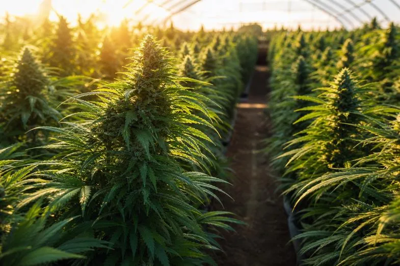 cbd-flower-batch-number-detail Rows of CBD hemp flower plants growing in a greenhouse at golden hour with warm backlight