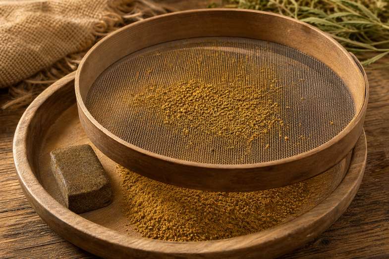 A fine mesh sieve over a wooden tray with golden hemp resin powder and a small pressed hash block