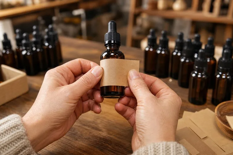 cbd-oil-batch-number-detail Hands applying a blank kraft label to an amber CBD oil dropper bottle in an artisan workshop with rows of bottles