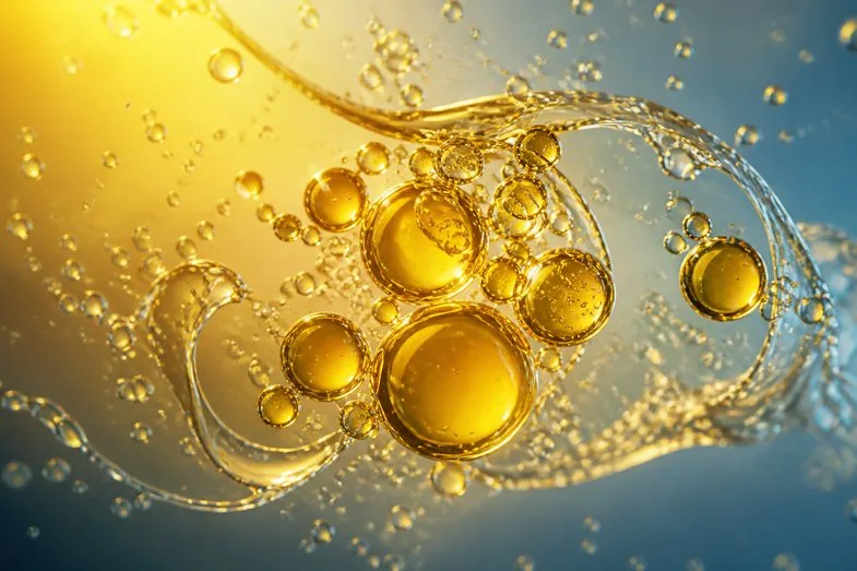 cbd-oil-carrier-oils-detail Abstract macro of golden CBD oil droplets swirling and suspended in clear water, backlit