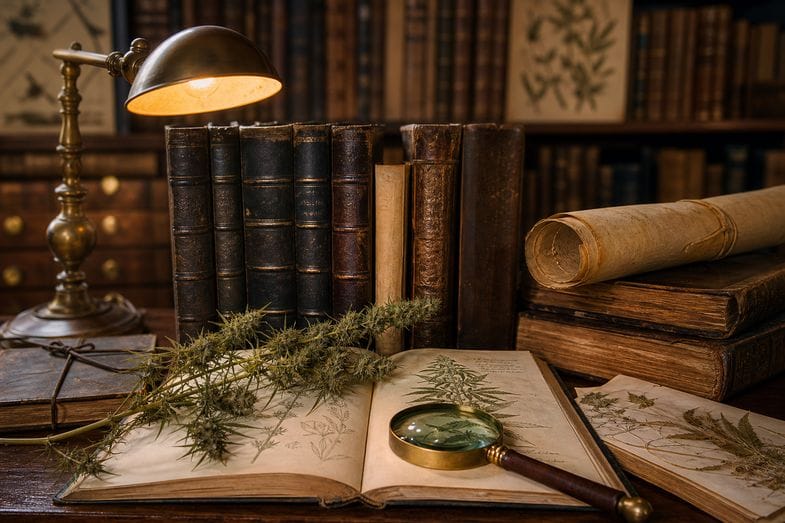 cbd-oil-certificate-layout-detail An open botanical book with a hemp sprig and a brass lamp among old leather-bound books and parchment scrolls