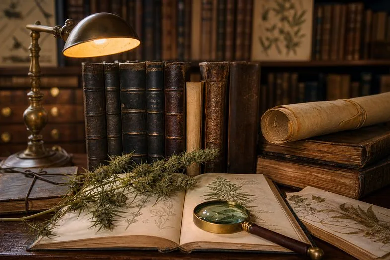 cbd-oil-certificate-layout-detail An open botanical book with a hemp sprig and a brass lamp among old leather-bound books and parchment scrolls