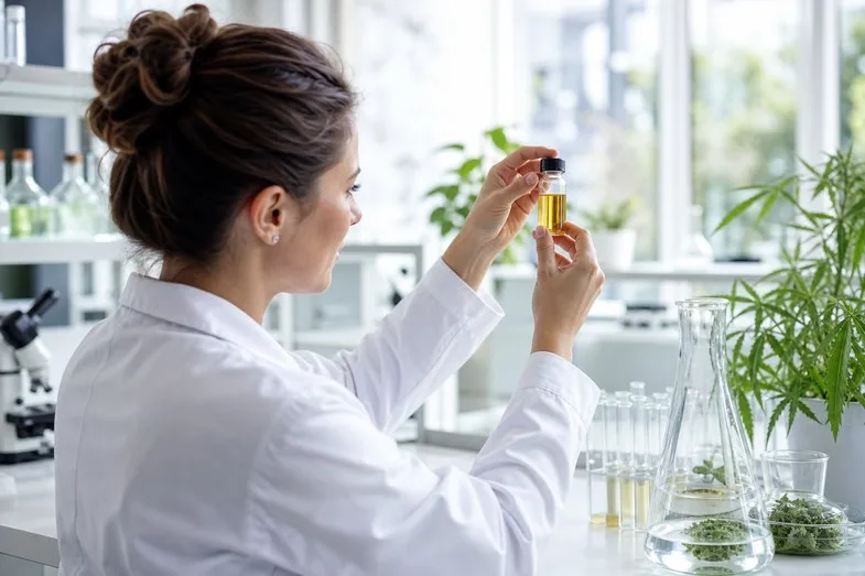 A researcher in a white coat examining a vial of golden hemp extract against the light in a bright laboratory