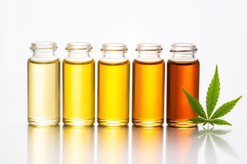 cbd-oil-concentration-detail A row of glass vials holding CBD oil in graded shades from pale gold to deep amber with a hemp leaf, backlit