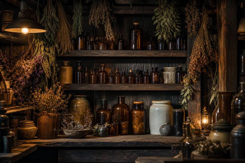 A rustic apothecary cellar with amber glass bottles and ceramic jars on dark wooden shelves and hanging dried botanicals
